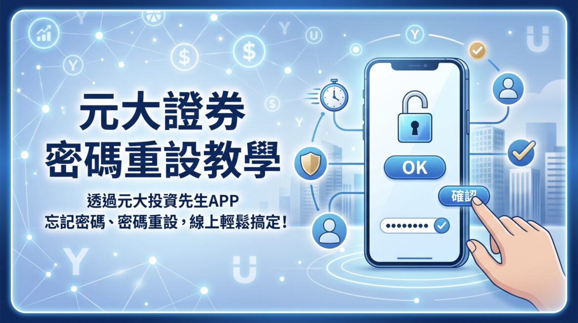 元大證券密碼重設教學封面圖，畫面為手機操作元大投資先生APP進行線上忘記密碼解鎖與密碼修改